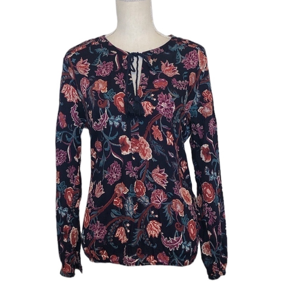 LUCKY BRAND Blouse Women's Size Medium Blue Pink Floral V-Neck Long Sleeve Top